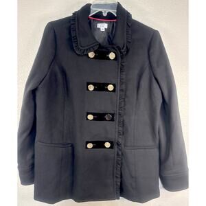 Crown & Ivy Women’s Black Jacket PeaCoat XL Double Breasted Ruffle Chic Dressy
